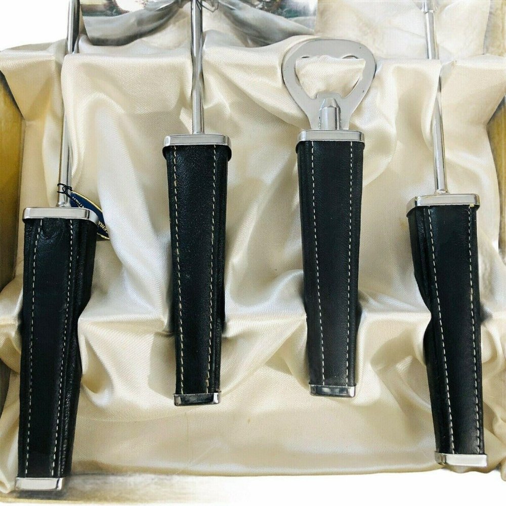 Vintage SWANK Ascot Bar Set Black Leather Silver - Picture 4 of 12